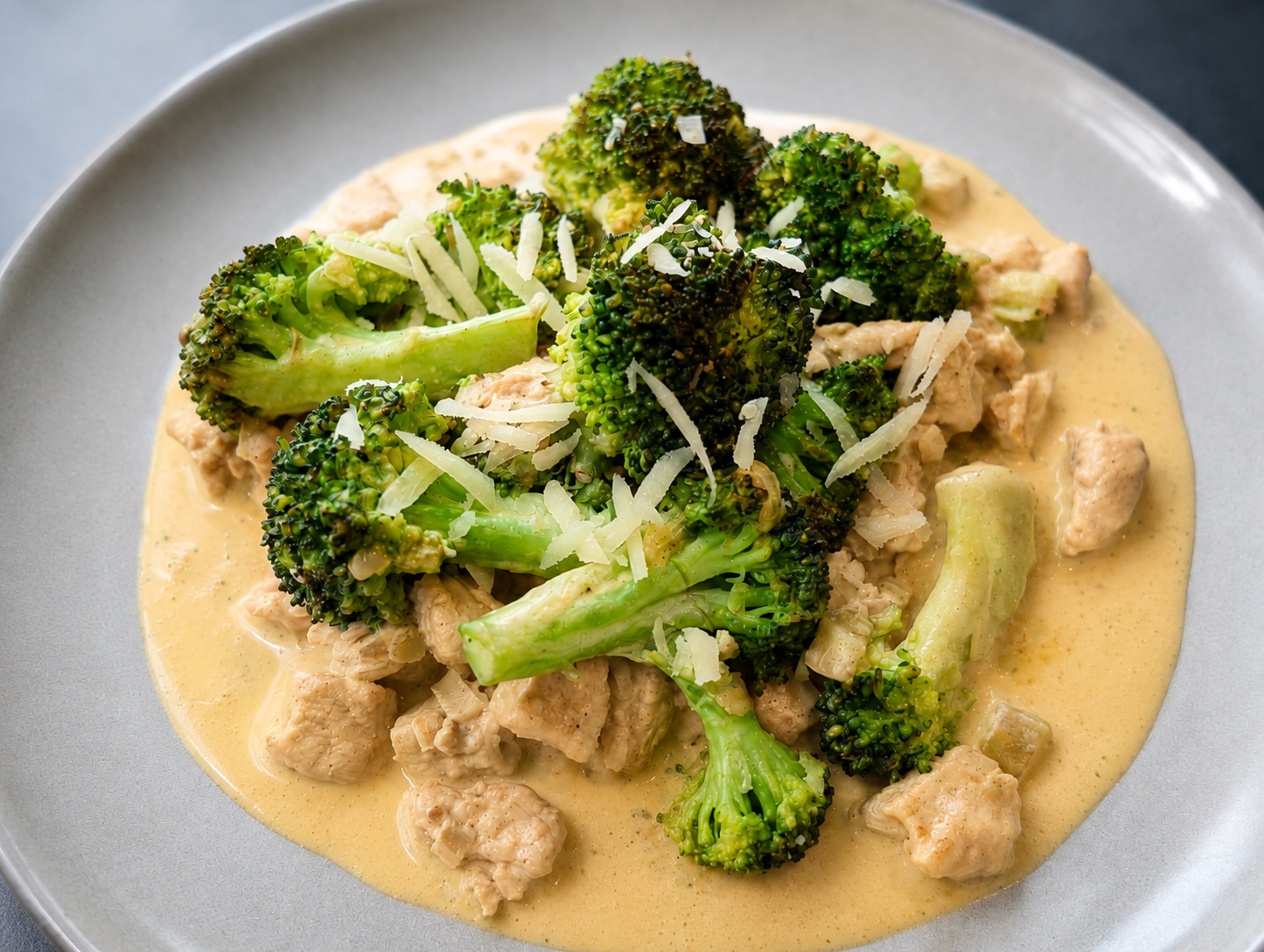 Kyllingestykker og broccoli i en cremet sauce, toppet med revet parmesan.