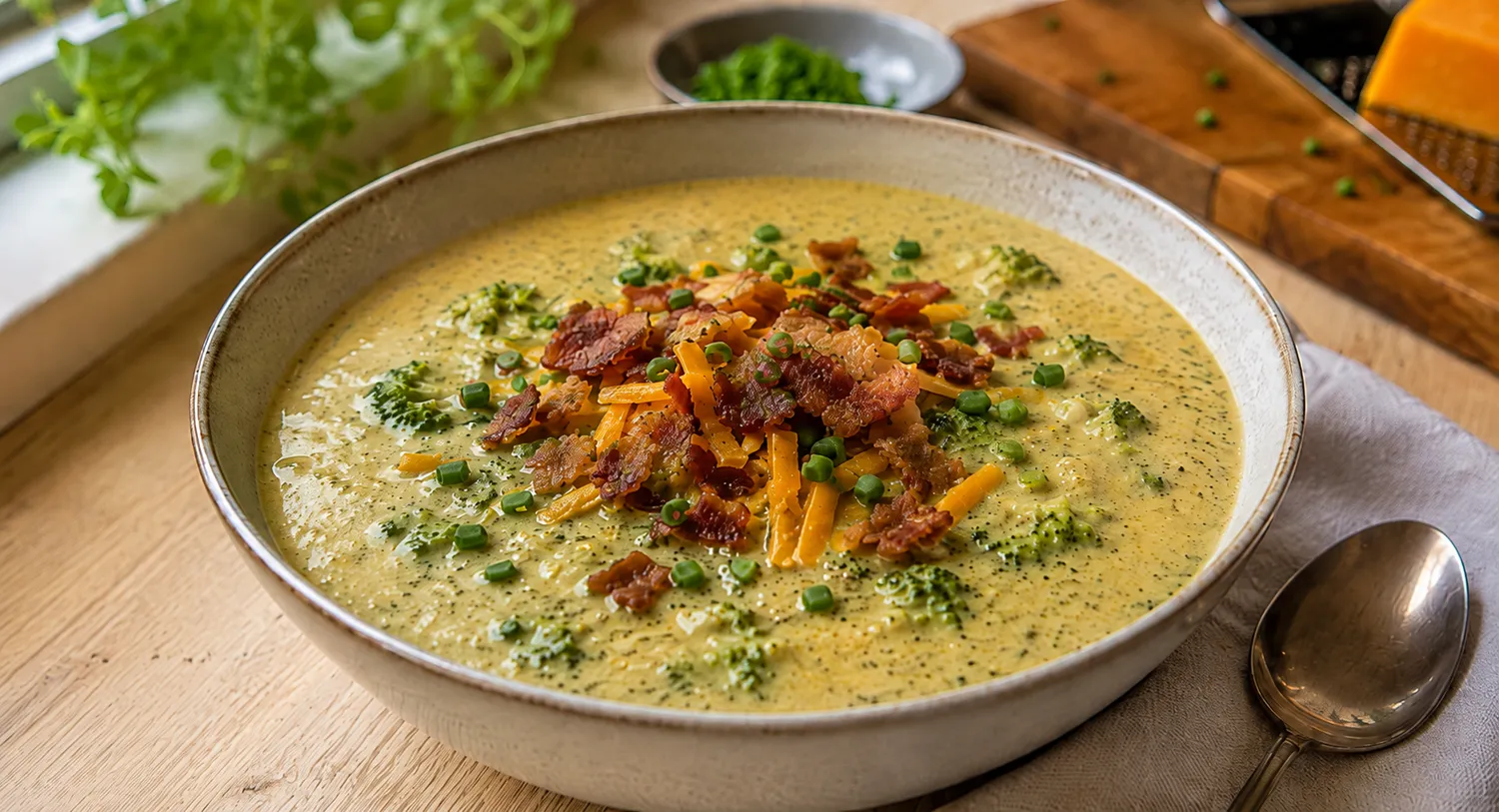 Cremet keto broccoli-cheddar-suppe med sprødstegt bacon, purløg og revet cheddar