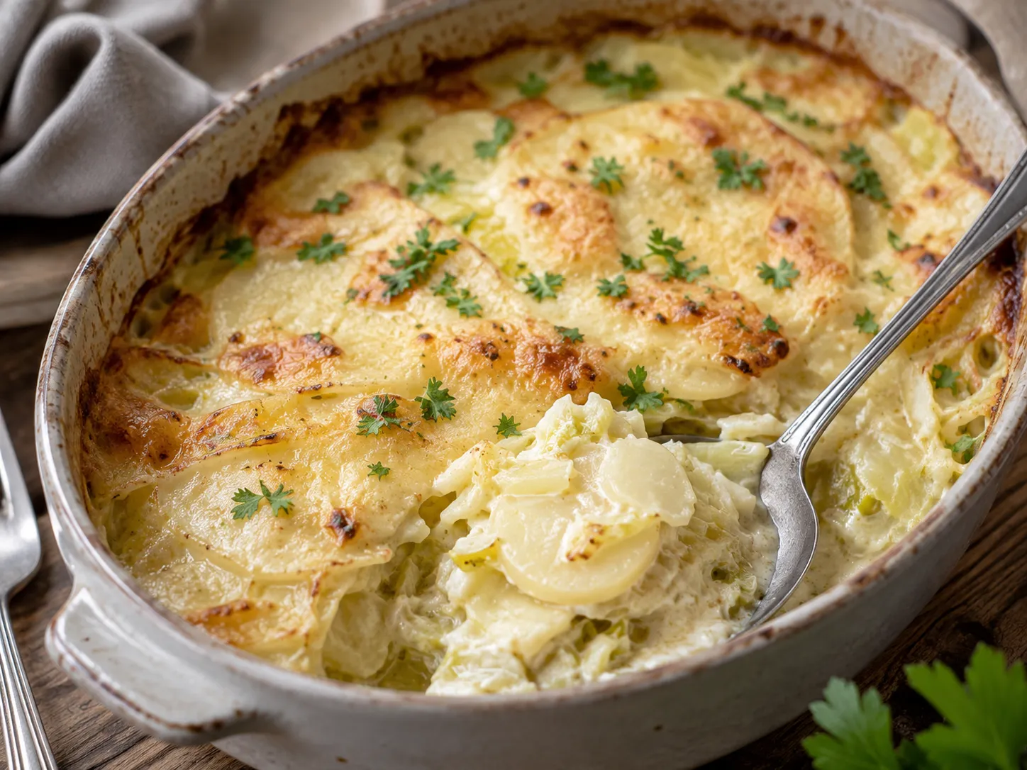 Ovnbagt keto-gratin med tynde skiver knoldselleri og spidskål i cremet flødesauce, gratineret med ost og serveret i fad.