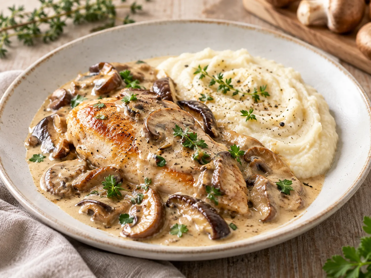 Cremet kylling i svampesauce med brune champignoner og shiitake serveret med silkeblød knoldselleripuré.