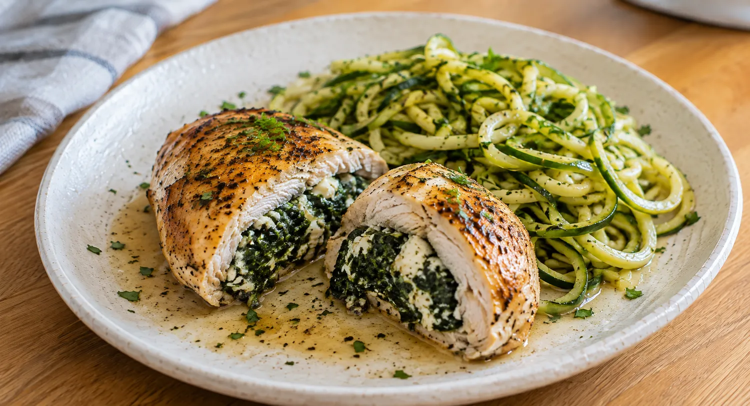 Saftigt fyldt kyllingebryst med spinat og feta serveret med stegte zucchini-nudler.