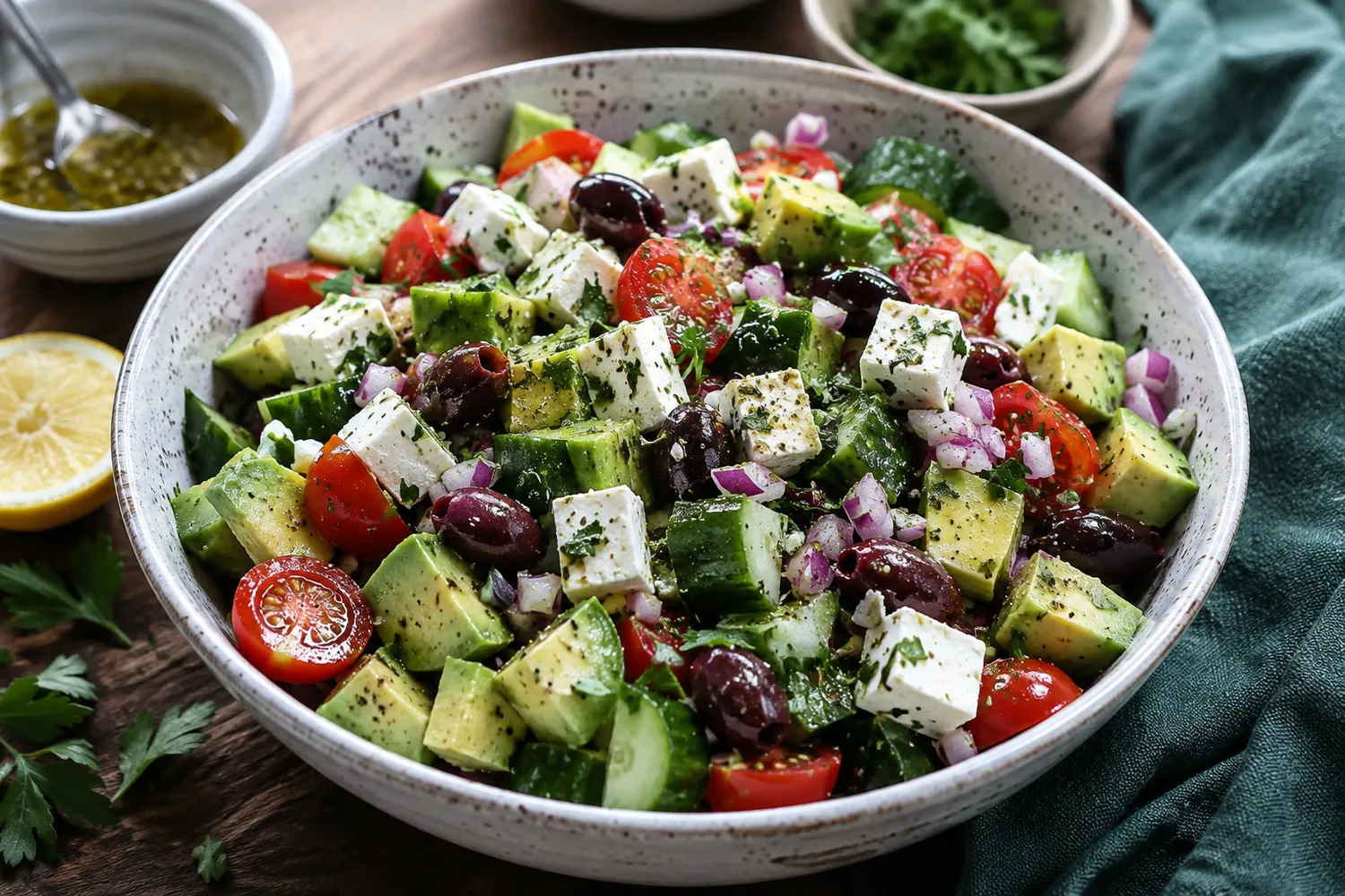 Skål med keto græsk salat med avocado, feta, cherrytomater, agurk, rødløg, oliven og persille, serveret med citron og dressing.