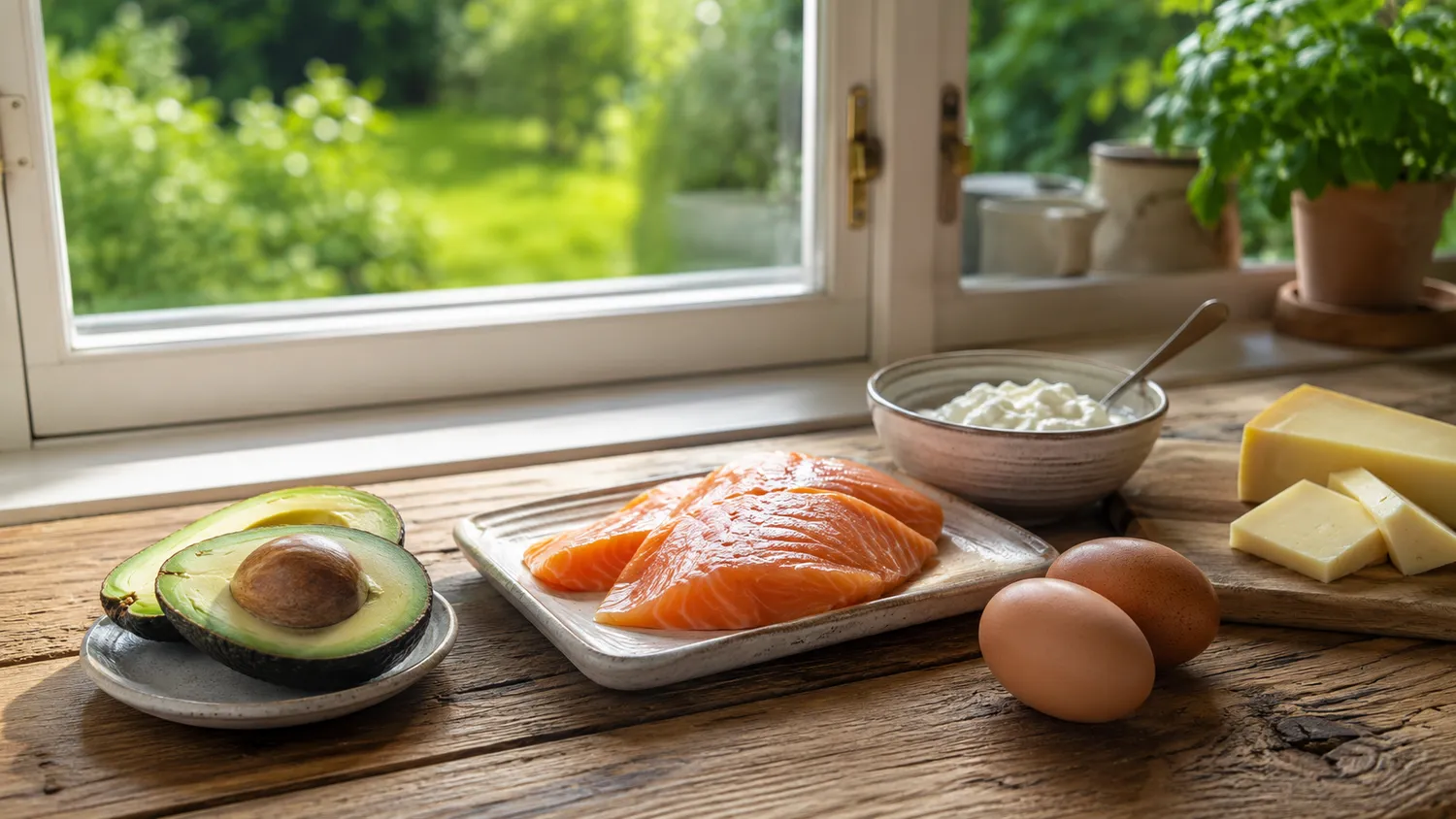 Enkel opstilling med avocado, laks, ost, græsk yoghurt og æg på et rustikt træbord foran et vindue med udsigt til en grøn, solrig have.