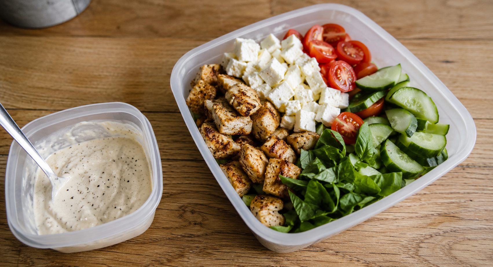 Hjemmelavet keto kyllingesalat med stegt kylling, feta, cherrytomater, agurk og frisk basilikum samt cremet dressing med dijonsennep, græsk yoghurt og citron.