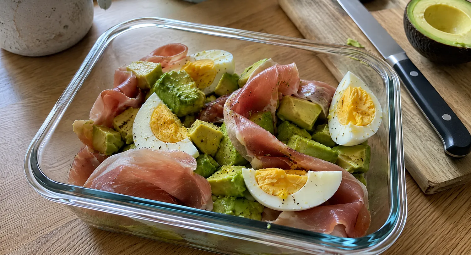 Keto madpakke med avocado i tern, hårdkogte æg og parmaskinke i en madkasse.