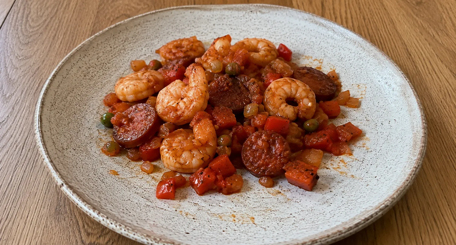 Tallerken med keto paella inspireret mellemmåltid med rejer, chorizo, rød peber og løg
