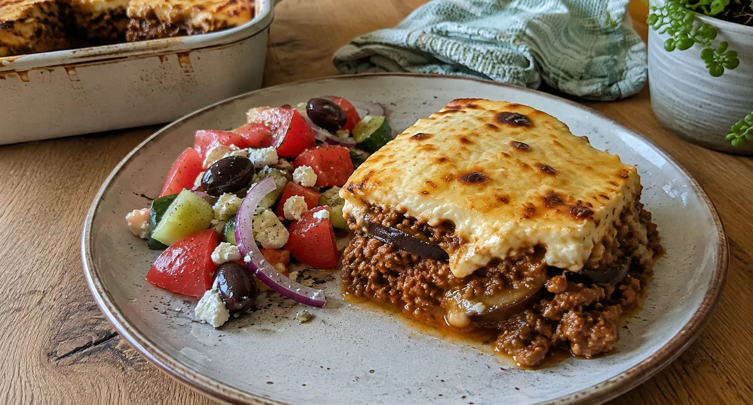 Hjemmelavet keto moussaka med aubergine og lammekød serveret med græsk salat, feta og oliven.