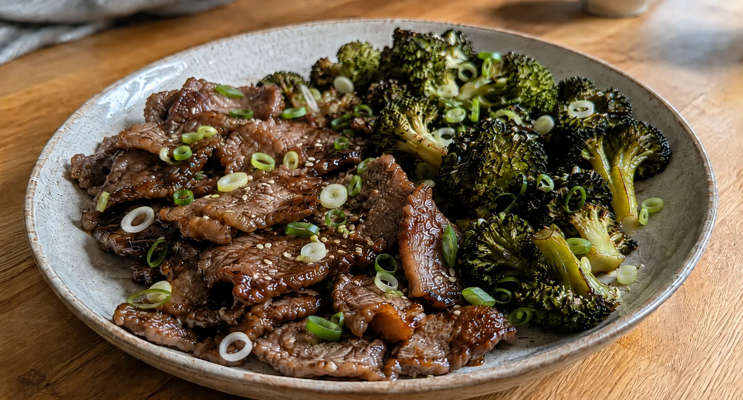 Keto oksekød i tynde skiver med teriyaki-marinade, ristet broccoli, sesam og forårsløg.