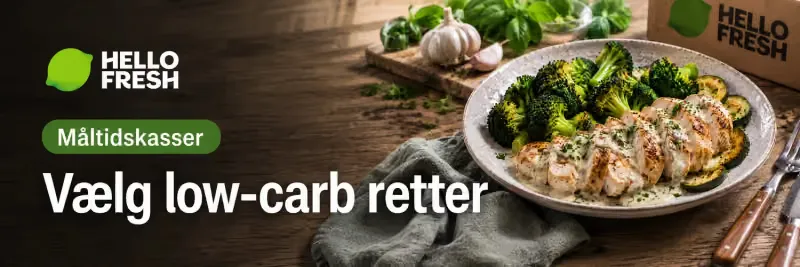 HelloFresh-banner: Vælg low-carb retter — sunde, velsmagende måltider leveret lige til døren. Grillet kylling med pesto, broccoli, peberfrugt og squash.