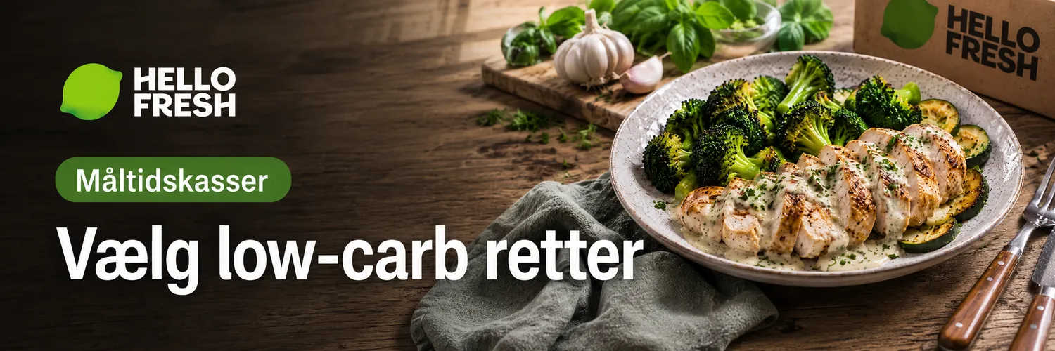 HelloFresh-banner: Vælg low-carb retter — sunde, velsmagende måltider leveret lige til døren. Grillet kylling med pesto, broccoli, peberfrugt og squash.