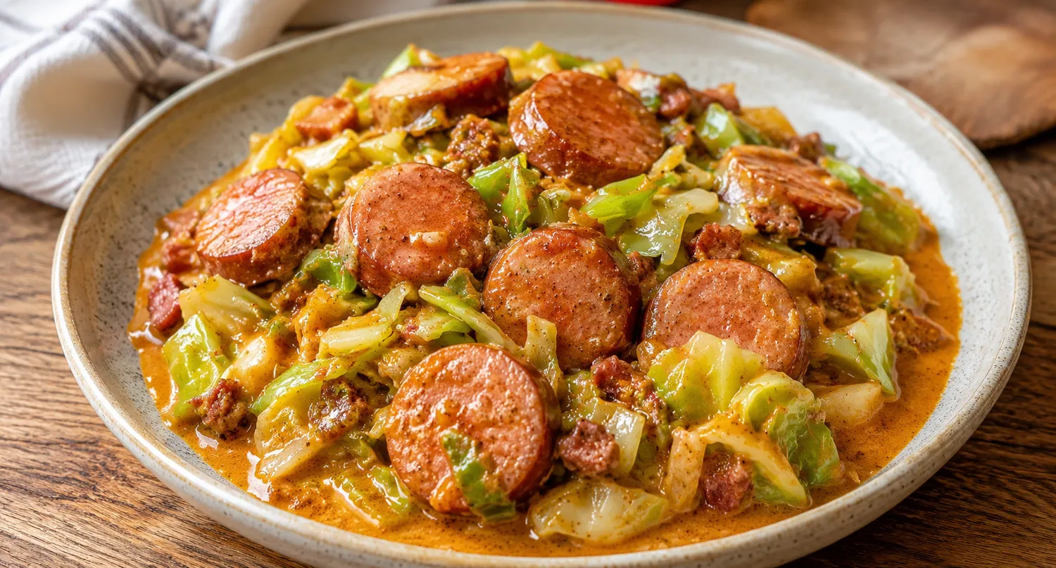 Cremet keto one pot med brunede pølser, sprød bacon og spidskål i mild paprikaflødesauce.