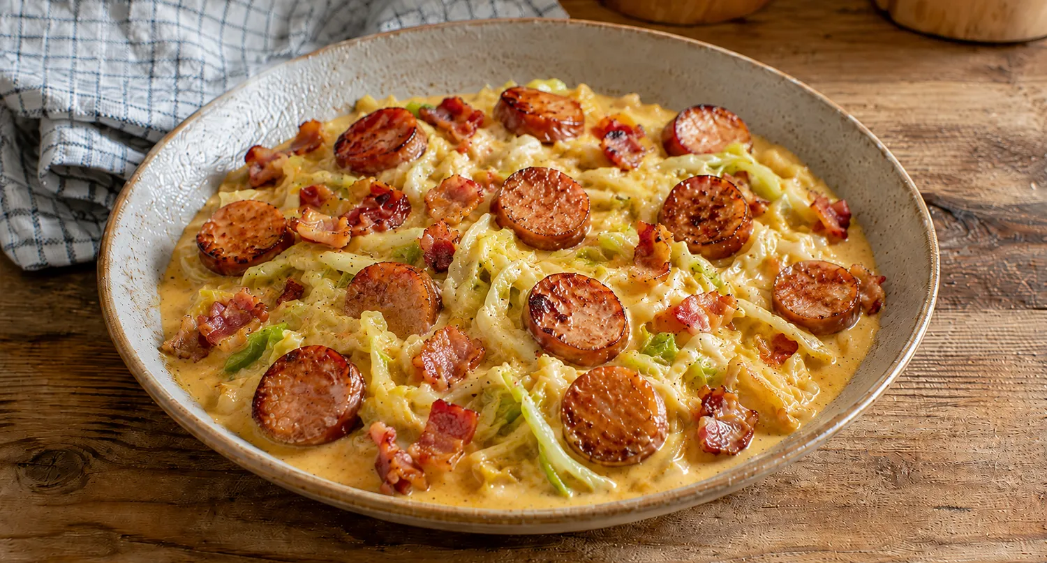 Cremet keto one pot med brunede pølser, sprød bacon og spidskål i mild paprikaflødesauce.