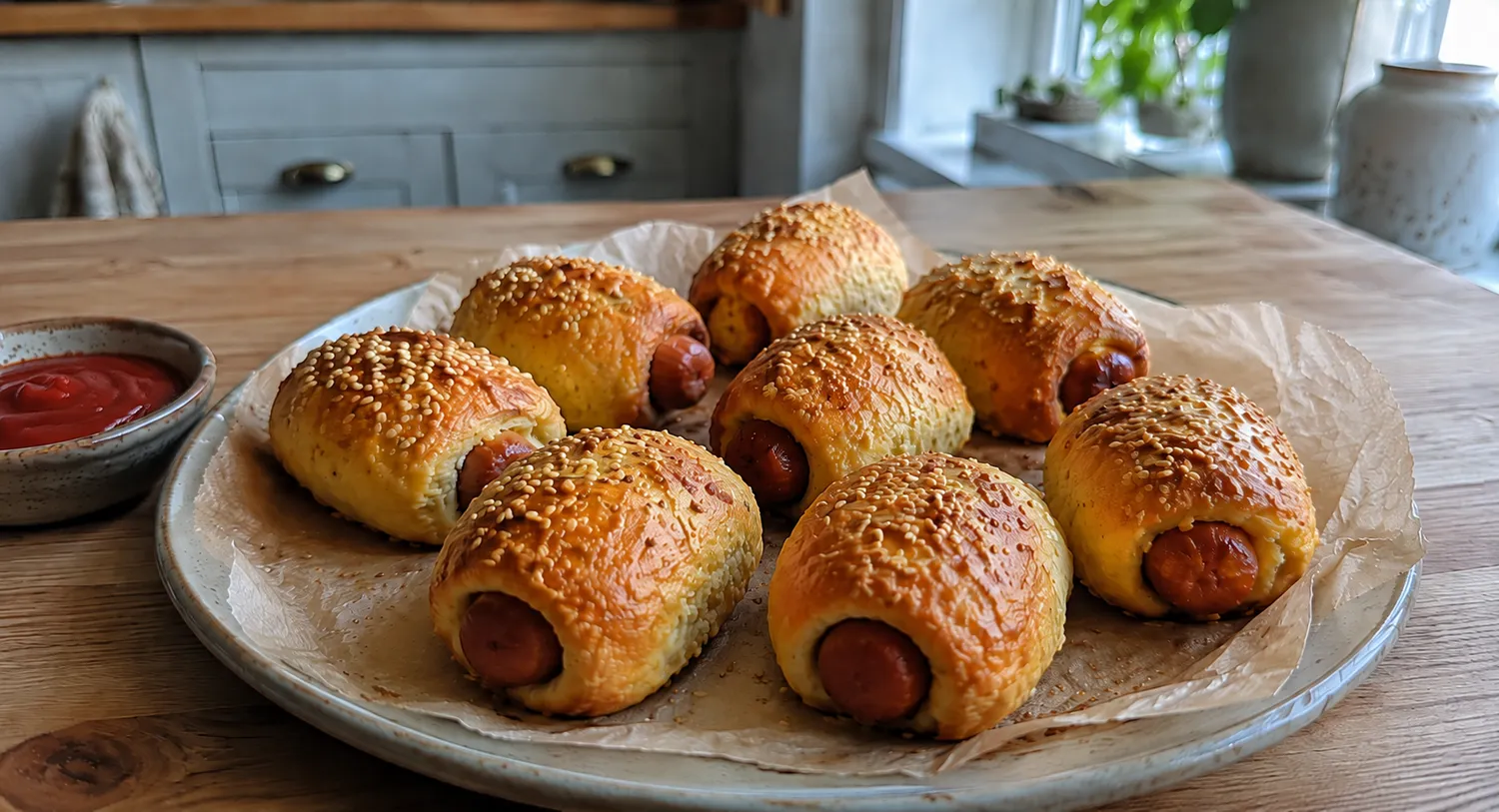 Hjemmebagte keto pølsehorn med sesam på en tallerken med ketchup i et dansk køkken.