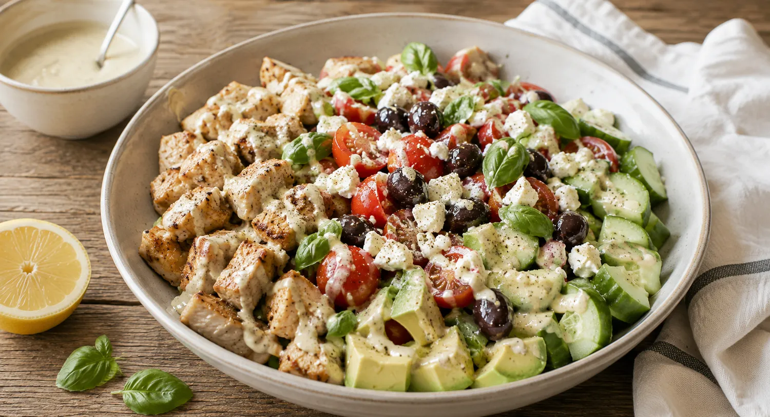 Hjemmelavet græsk keto-kyllingesalat med stegt kylling, avocado, agurk, cherrytomater, feta, oliven, basilikum og cremet dressing.
