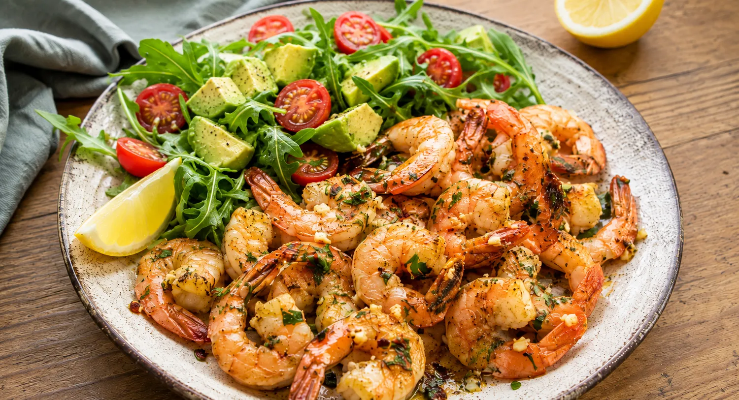 Rejer stegt med hvidløg og chili serveret med frisk avocado- og rucolasalat.