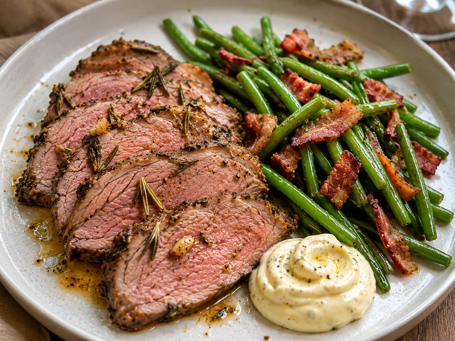 Saftig lammesteg med rosmarin og hvidløg serveret med grønne bønner, sprød bacon og aioli.