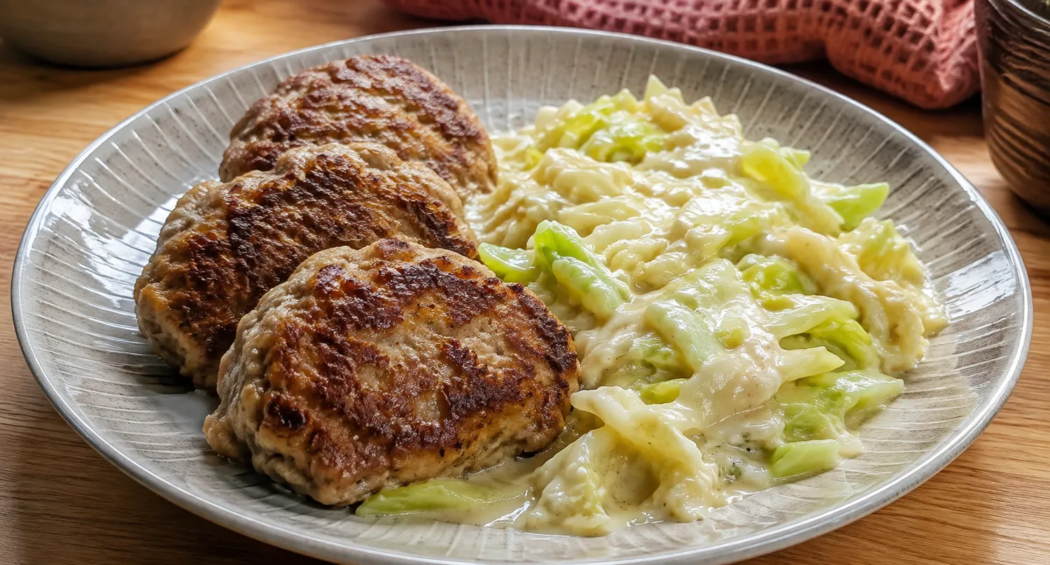 Tre saftige keto frikadeller serveret med cremet stuvet spidskål og frisk persille på en tallerken.