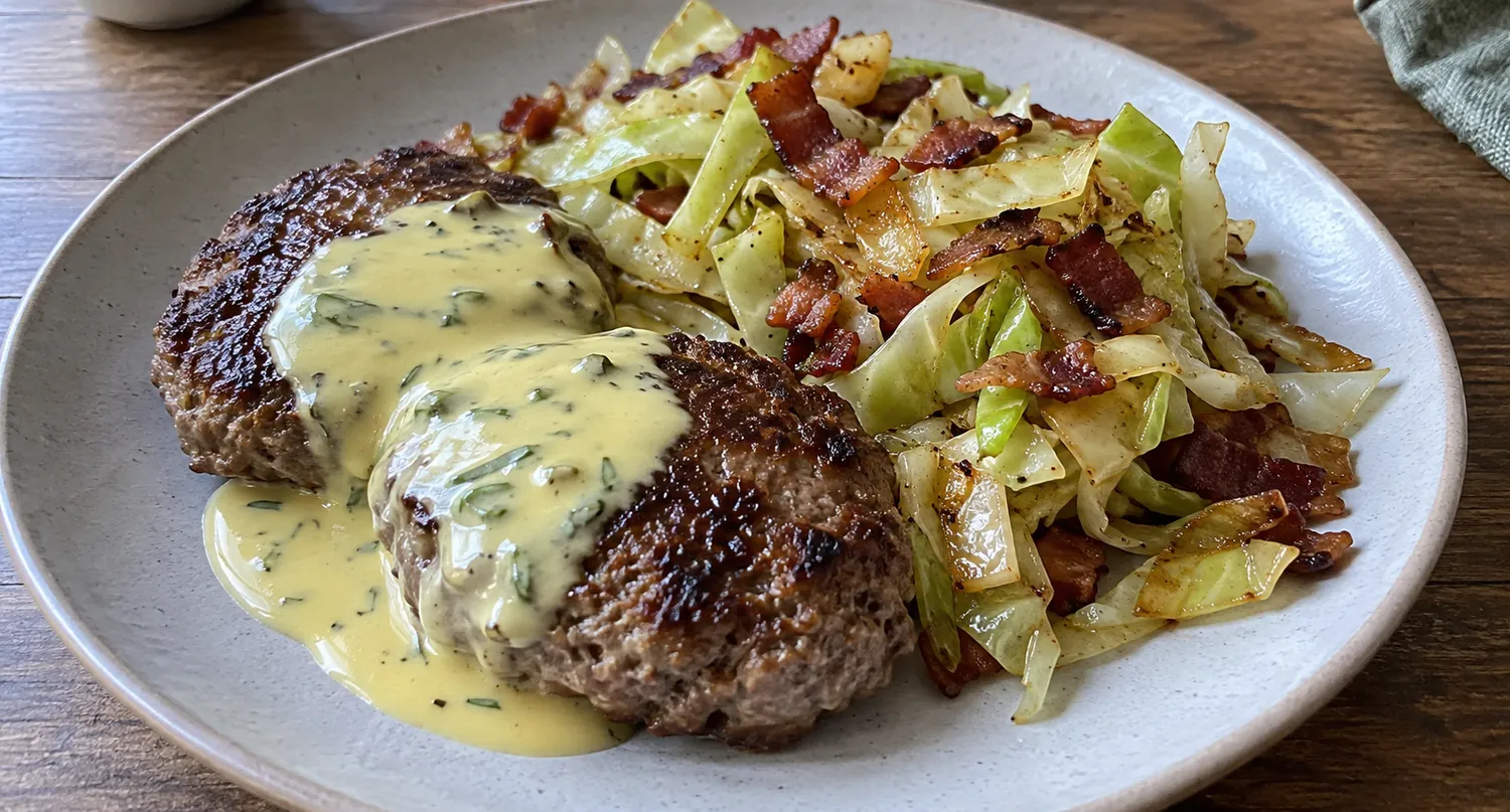 Tallerken med saftige keto hakkebøffer toppet med cremet bearnaise, serveret med smørstegt spidskål og sprød bacon.