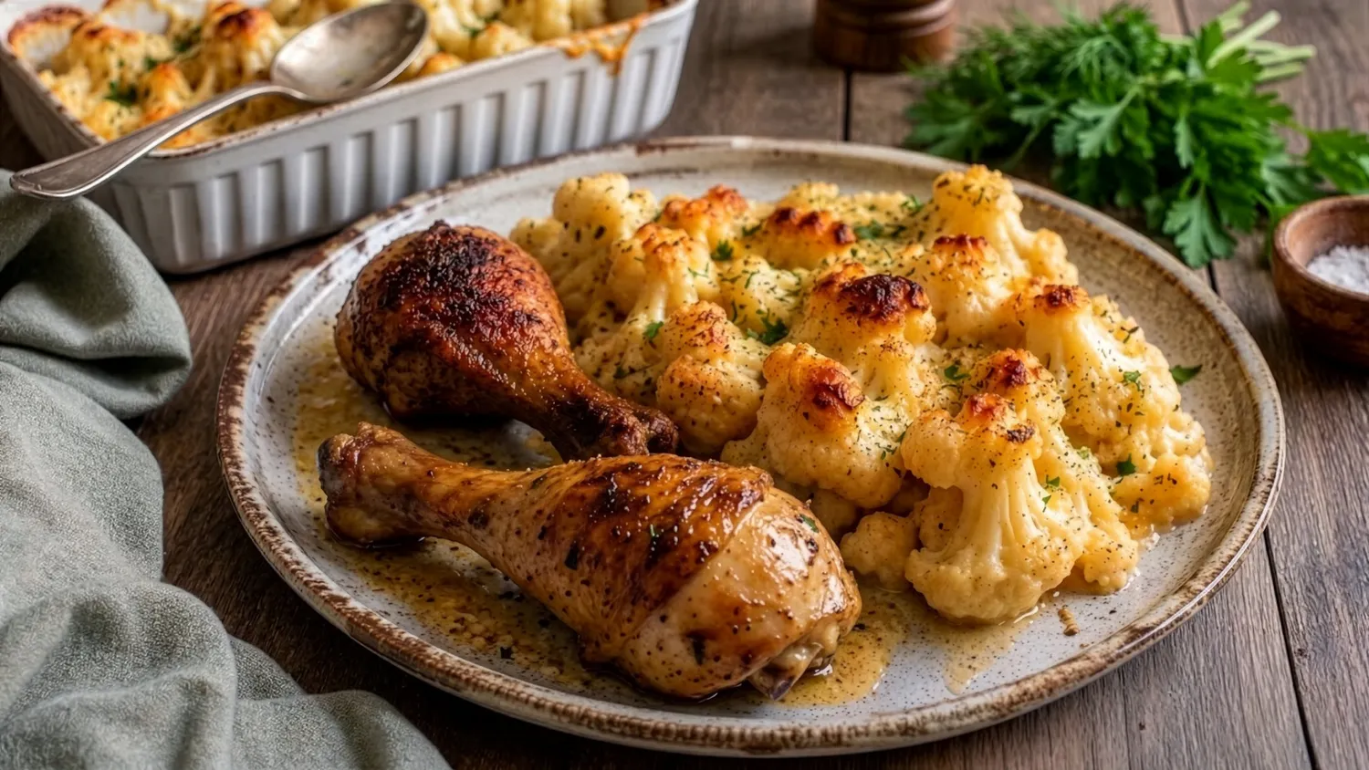 Sprøde ovnbagte kyllingeunderlår med cremet blomkåls-mac & cheese med cheddar og parmesan.