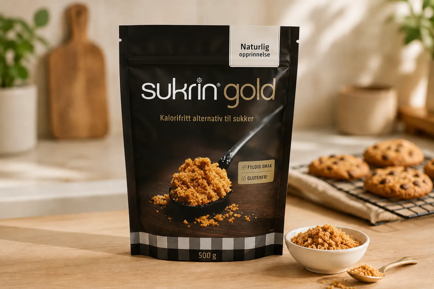 Pose med Sukrin Gold sødemiddel på et lyst køkkenbord med en skål sødemiddel og småkager i baggrunden