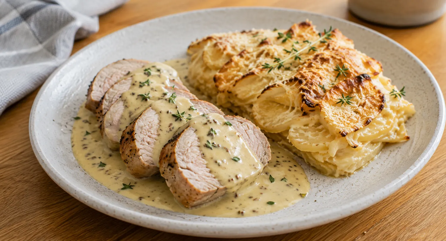 Svinemørbrad i skiver med cremet sennepsauce serveret med gratin af pastinak og knoldselleri.